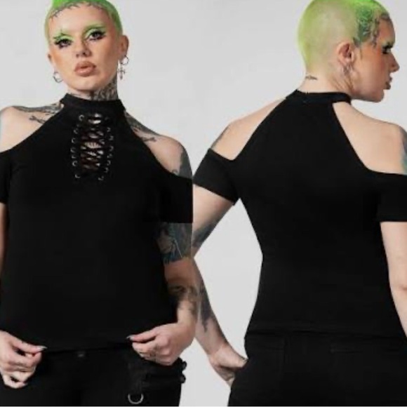 Killstar Tops - Black Cold-Shoulder Lace-Up High Neck Women's Top